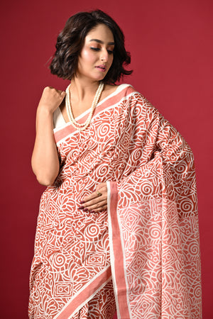 'MAZE RUNNER: Red' Hand Block Printed Cotton Saree