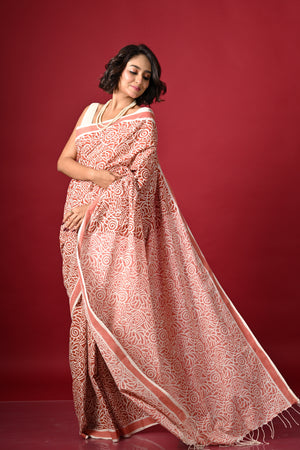 'MAZE RUNNER: Red' Hand Block Printed Cotton Saree