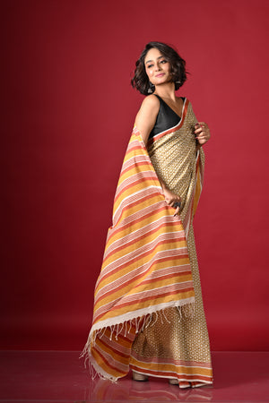 'STAR STRUCK: Ochre' Hand Block Printed Cotton Saree