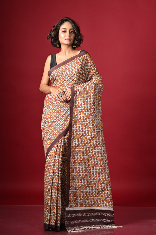 'DIMENSIONS: Yellow' Hand Block Printed Cotton Saree