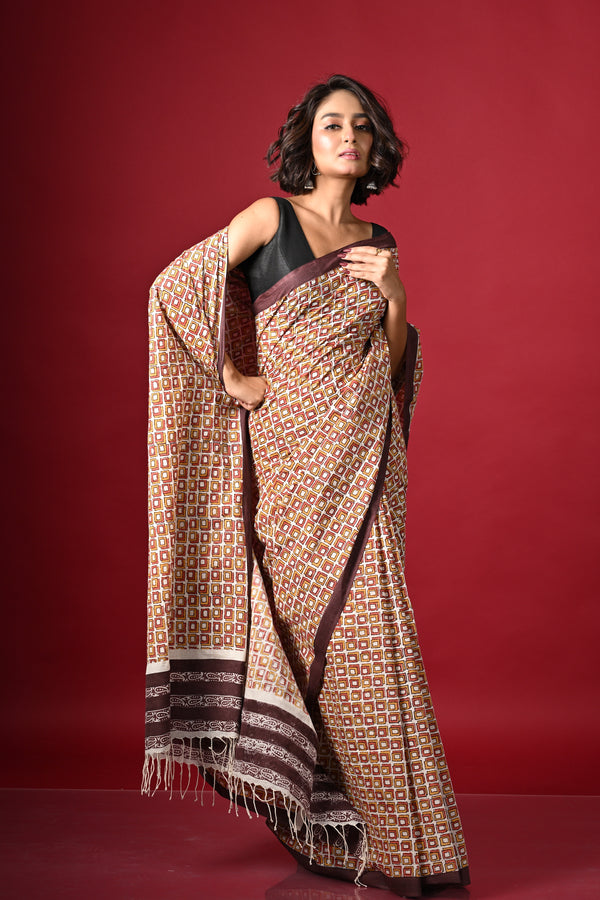 'DIMENSIONS: Yellow' Hand Block Printed Cotton Saree