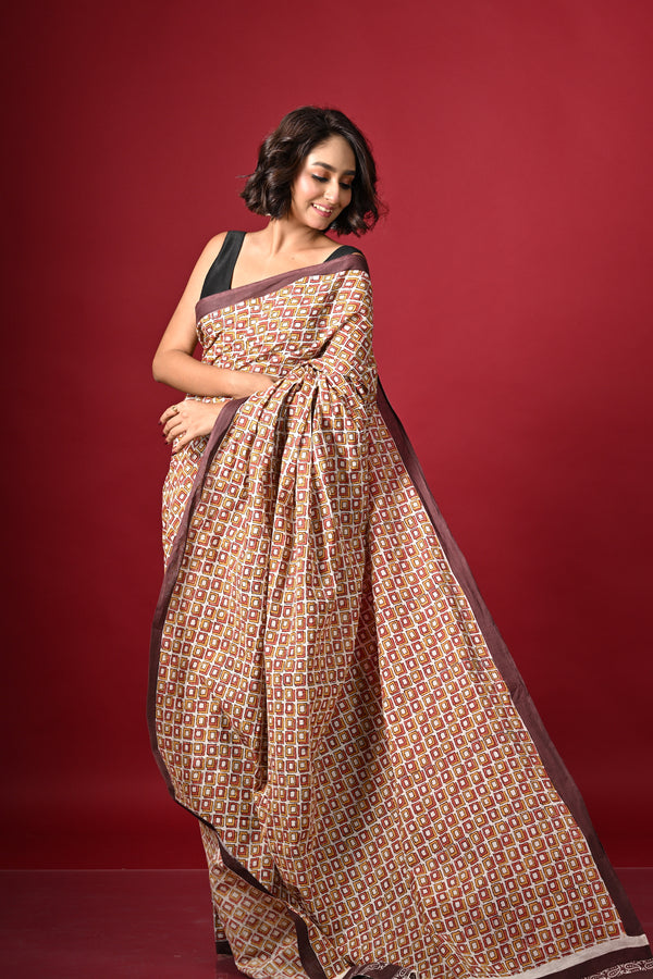 'DIMENSIONS: Yellow' Hand Block Printed Cotton Saree