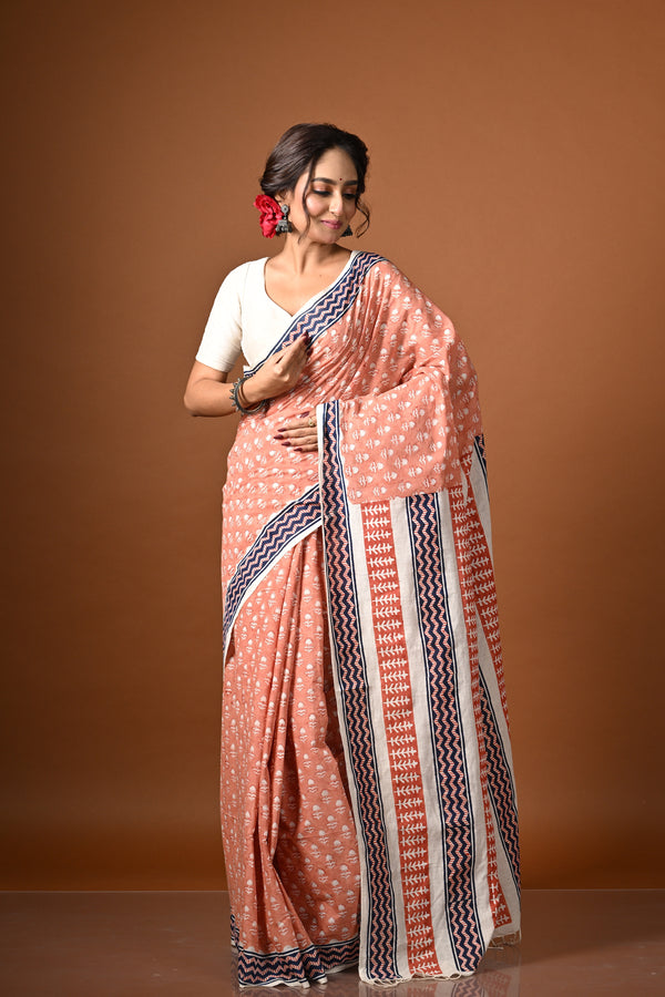 'SHALIMAR: Peach' Hand Block Printed Cotton Saree