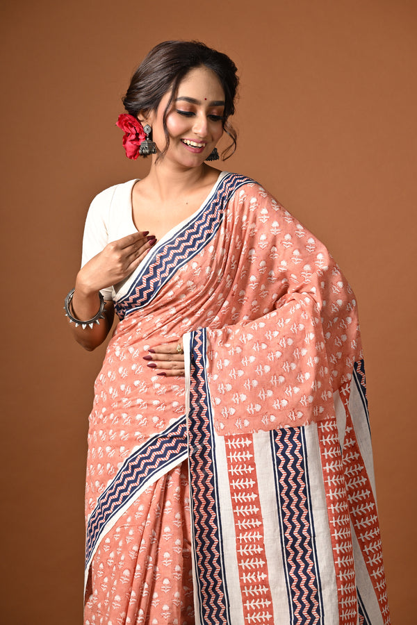 'SHALIMAR: Peach' Hand Block Printed Cotton Saree