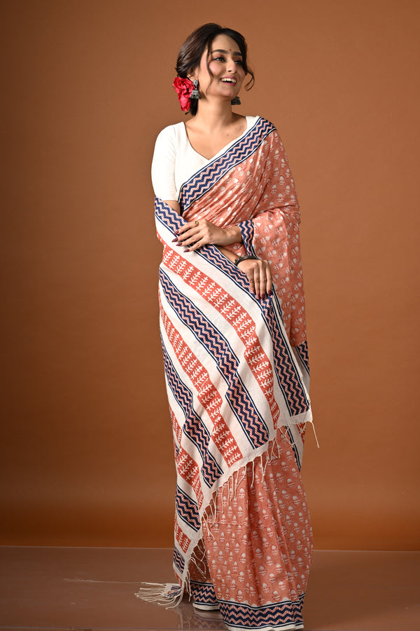 'SHALIMAR: Peach' Hand Block Printed Cotton Saree