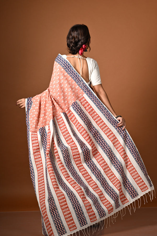 'SHALIMAR: Peach' Hand Block Printed Cotton Saree