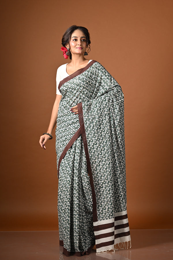 'DIMENSIONS: Green ' Hand Block Printed Cotton Saree