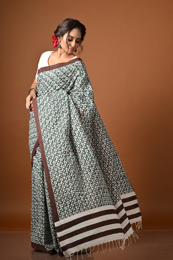 'DIMENSIONS: Green ' Hand Block Printed Cotton Saree