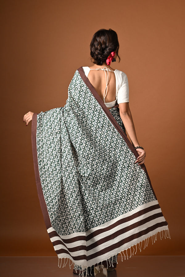 'DIMENSIONS: Green ' Hand Block Printed Cotton Saree