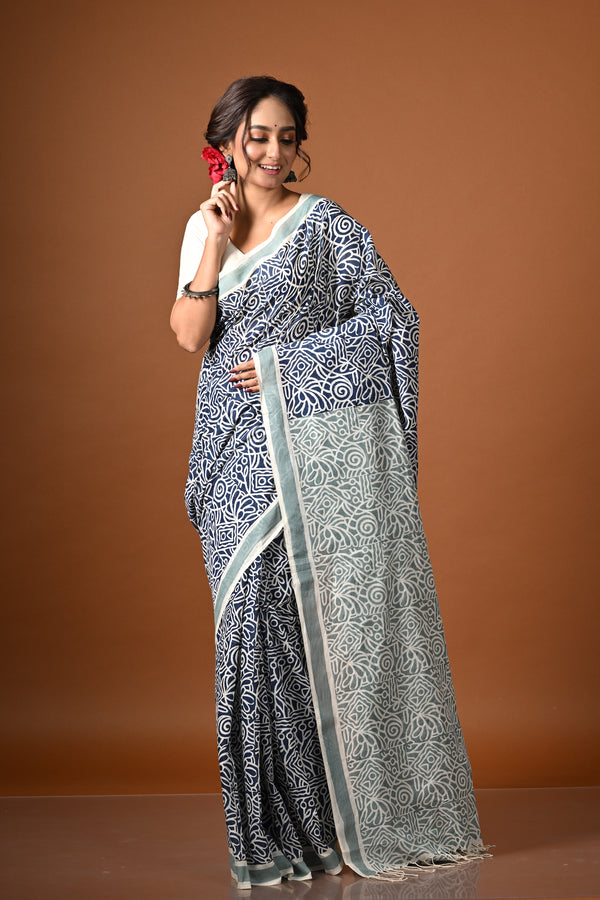 'MAZE RUNNER: Blue' Hand Block Printed Cotton Saree