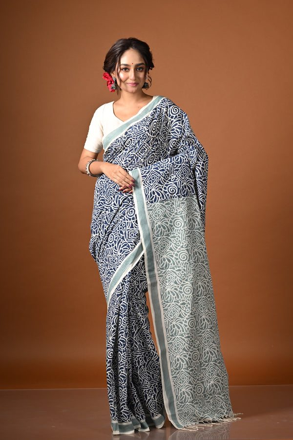 'MAZE RUNNER: Blue' Hand Block Printed Cotton Saree