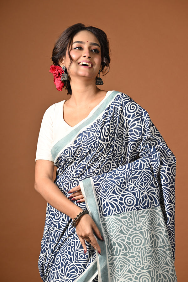 'MAZE RUNNER: Blue' Hand Block Printed Cotton Saree