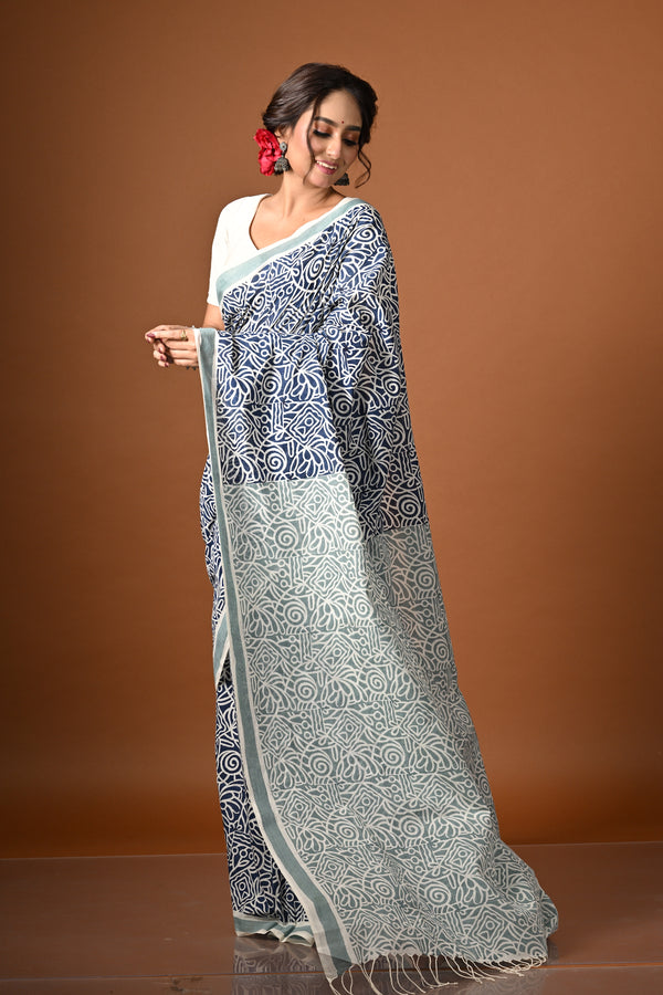 'MAZE RUNNER: Blue' Hand Block Printed Cotton Saree