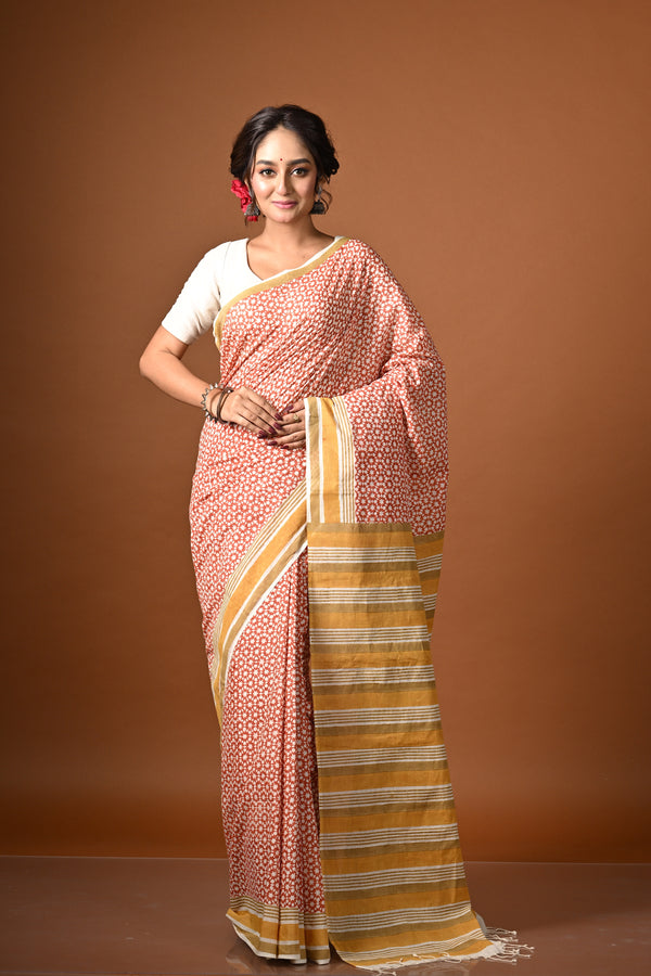 'STAR STRUCK: Rust Red' Hand Block Printed Cotton Saree