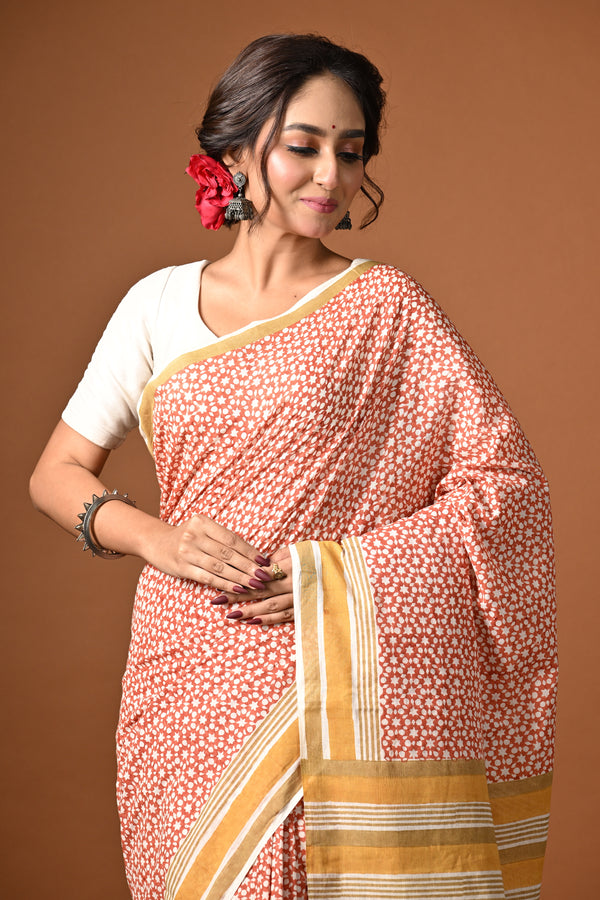 'STAR STRUCK: Rust Red' Hand Block Printed Cotton Saree