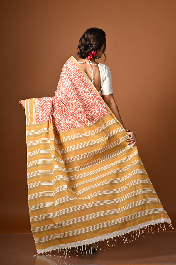 'STAR STRUCK: Rust Red' Hand Block Printed Cotton Saree