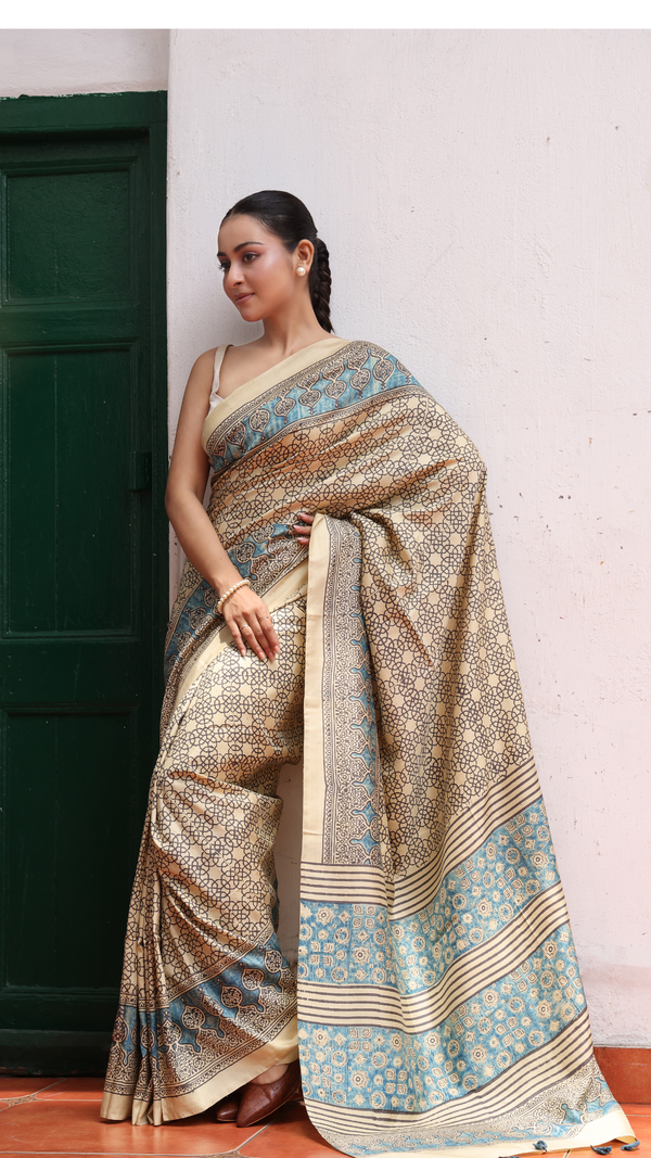 'KAMLAPATI: Butter' Ajrakh Handwoven Mulberry Silk Saree