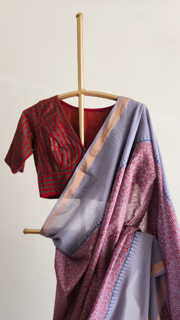 'ABHILASHA: Grey' Hand block printed Bengal Cotton Saree