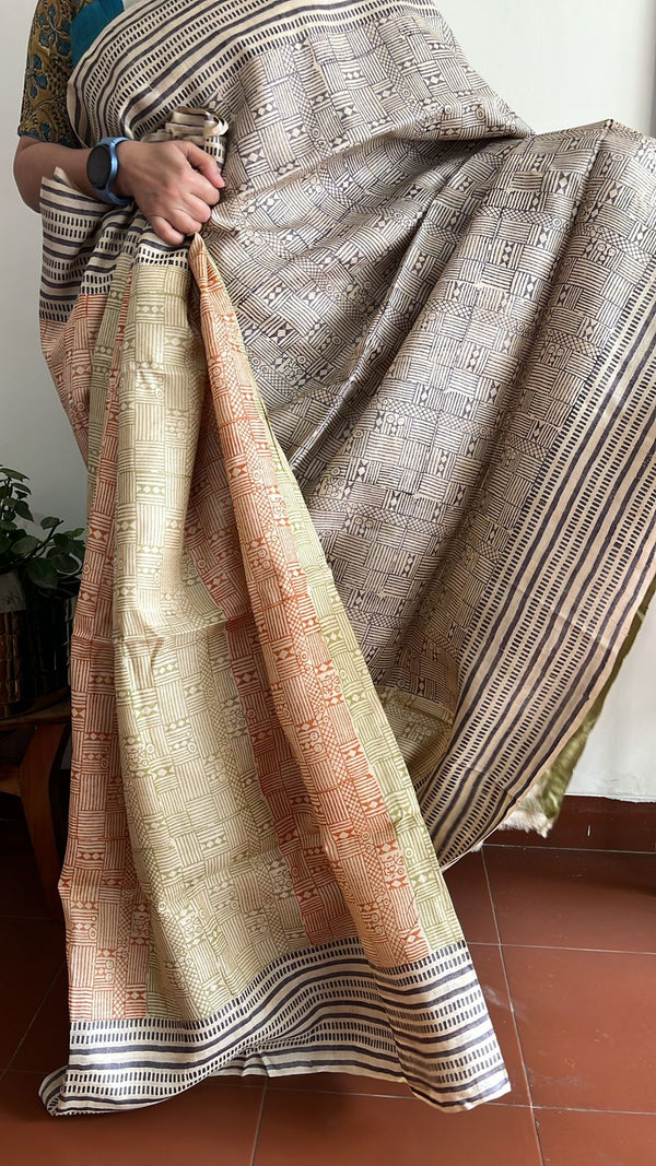 Emma: Handwoven hand block printed Tussar silk