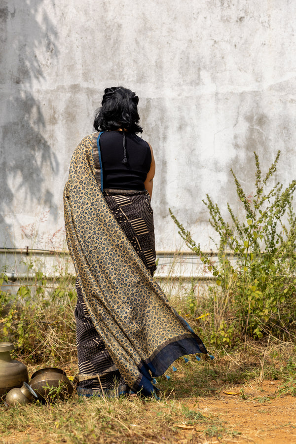 'SAMYAK: Black-Beige' Ajrakh Maheshwari Handloom Saree