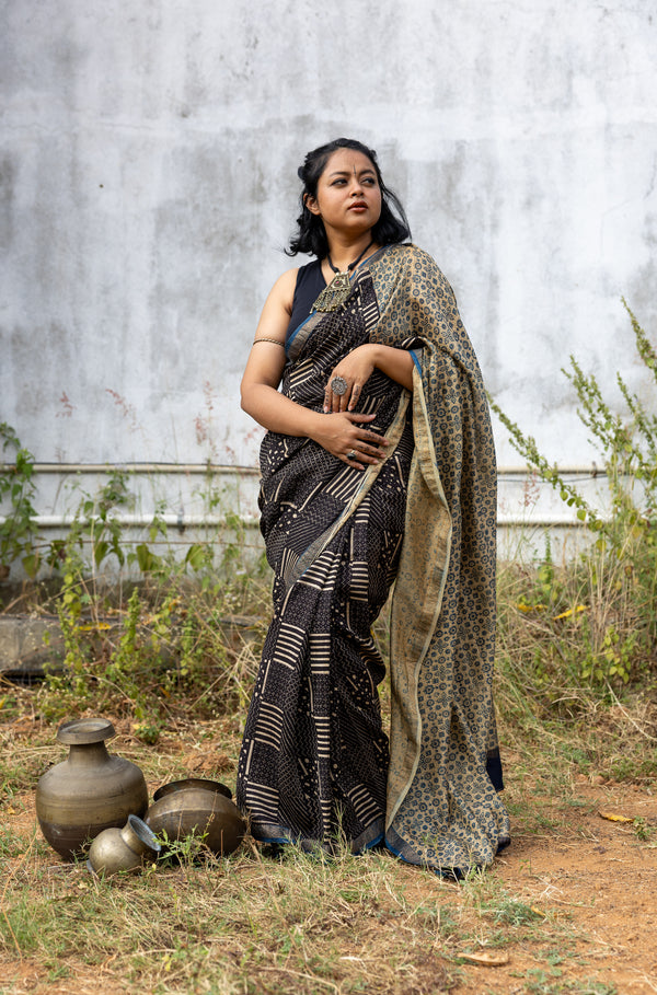 'SAMYAK: Black-Beige' Ajrakh Maheshwari Handloom Saree