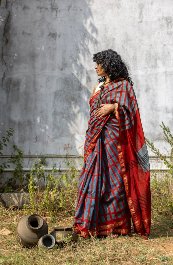 'MANTHAN: Red' Ajrakh Maheshwari Handloom Saree