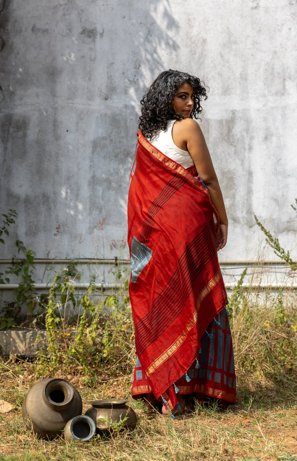 'MANTHAN: Red' Ajrakh Maheshwari Handloom Saree