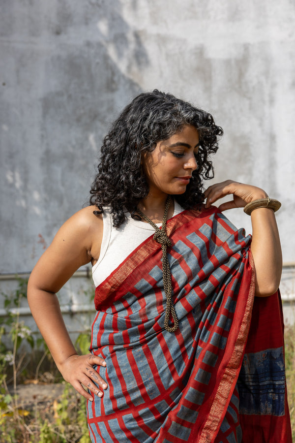 'MANTHAN: Red' Ajrakh Maheshwari Handloom Saree