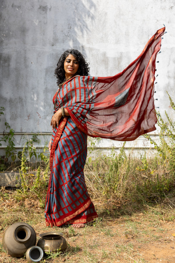 'MANTHAN: Red' Ajrakh Maheshwari Handloom Saree