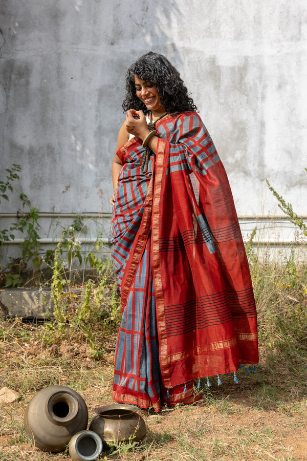 'MANTHAN: Red' Ajrakh Maheshwari Handloom Saree