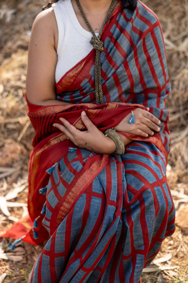 'MANTHAN: Red' Ajrakh Maheshwari Handloom Saree