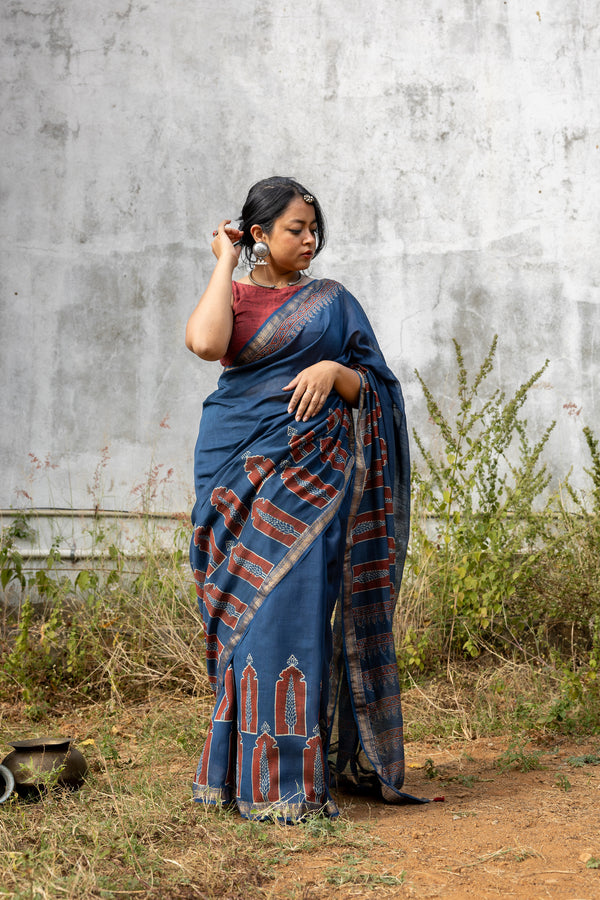 'CHAITANYA: Indigo' Ajrakh Maheshwari Handloom Saree