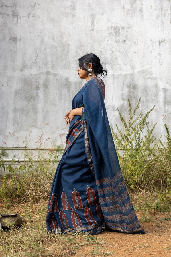 'CHAITANYA: Indigo' Ajrakh Maheshwari Handloom Saree