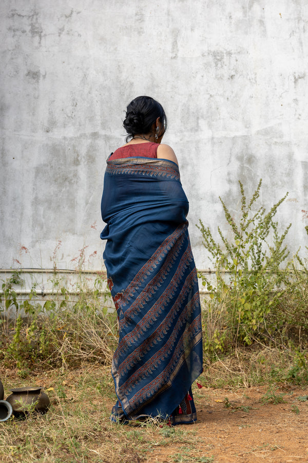 'CHAITANYA: Indigo' Ajrakh Maheshwari Handloom Saree