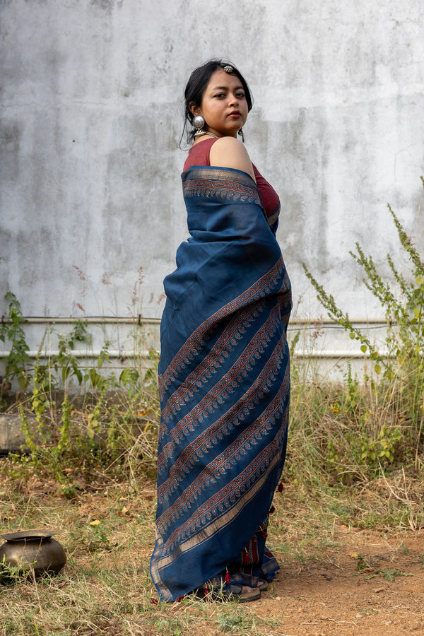 'CHAITANYA: Indigo' Ajrakh Maheshwari Handloom Saree