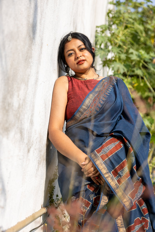 'CHAITANYA: Indigo' Ajrakh Maheshwari Handloom Saree