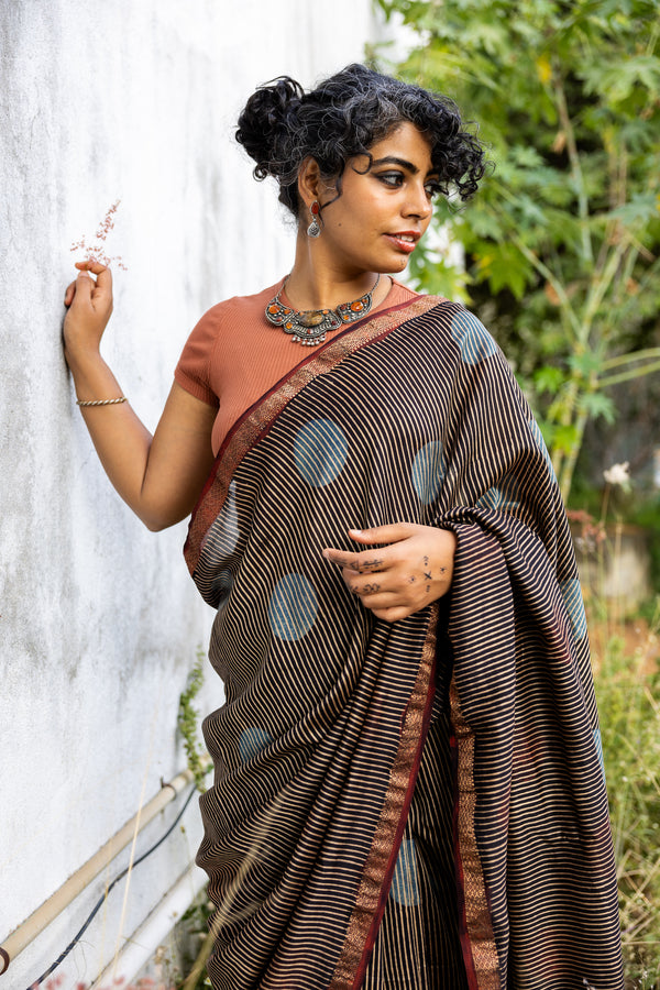 'DHARA: Black' Ajrakh Maheshwari Handloom Saree