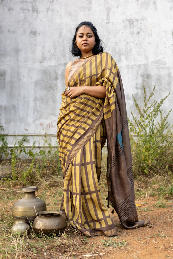 'MANTHAN: Brown' Ajrakh Maheshwari Handloom Saree