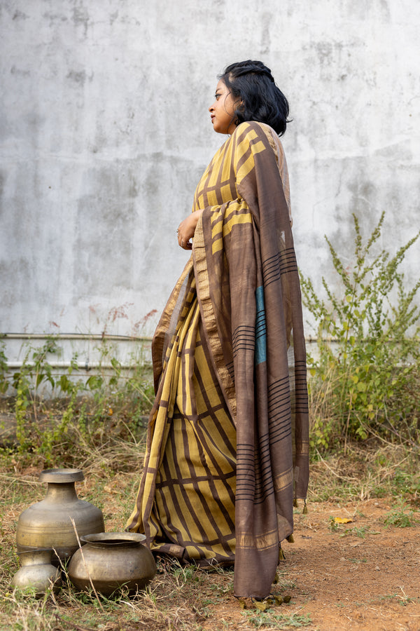 'MANTHAN: Brown' Ajrakh Maheshwari Handloom Saree