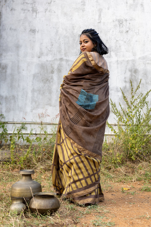 'MANTHAN: Brown' Ajrakh Maheshwari Handloom Saree