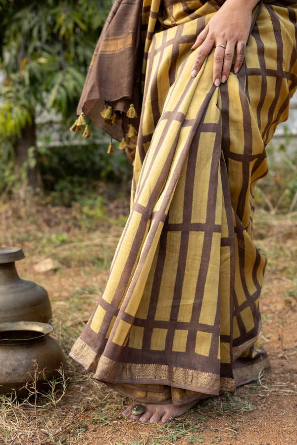 'MANTHAN: Brown' Ajrakh Maheshwari Handloom Saree