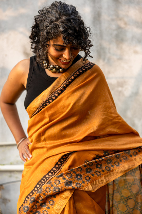 'ANVITA: Manjistha' Ajrakh Maheshwari Handloom Saree