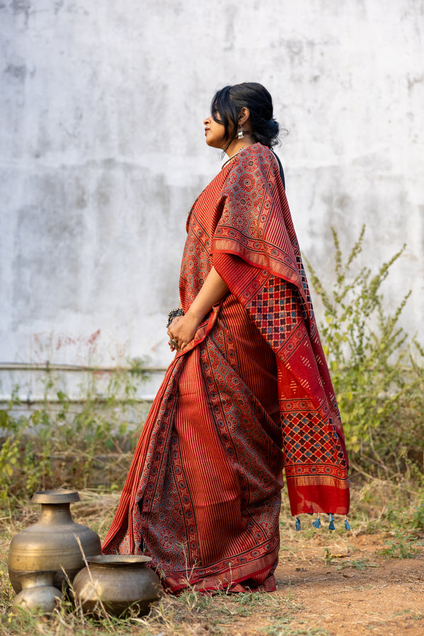 'EKATVA: Red' Ajrakh Maheshwari Handloom Saree