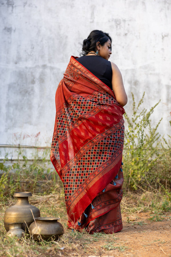 'EKATVA: Red' Ajrakh Maheshwari Handloom Saree