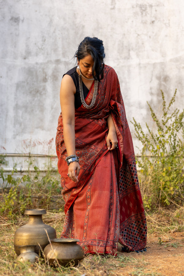 'EKATVA: Red' Ajrakh Maheshwari Handloom Saree