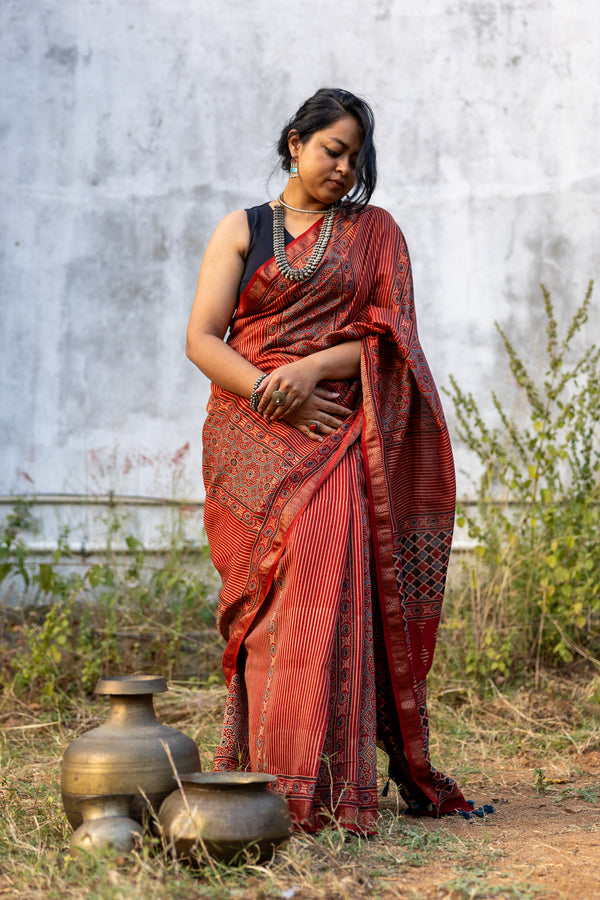 'EKATVA: Red' Ajrakh Maheshwari Handloom Saree