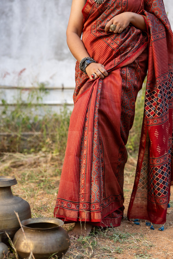 'EKATVA: Red' Ajrakh Maheshwari Handloom Saree