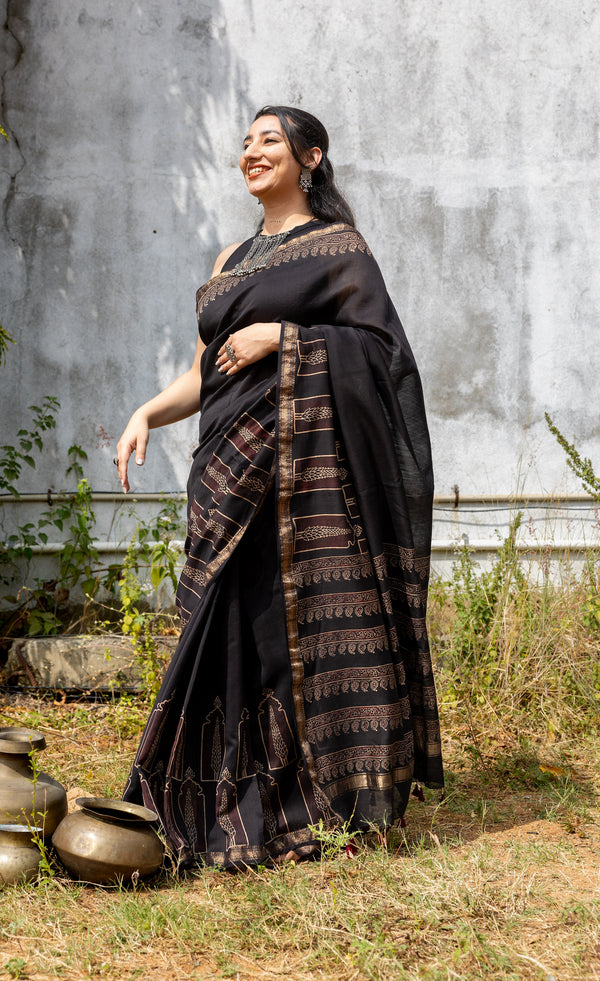 'CHAITANYA: Black' Ajrakh Maheshwari Handloom Saree