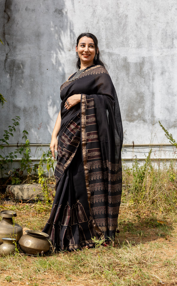 'CHAITANYA: Black' Ajrakh Maheshwari Handloom Saree