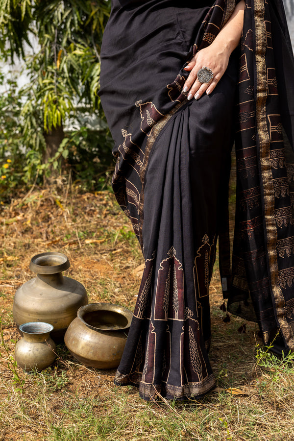 'CHAITANYA: Black' Ajrakh Maheshwari Handloom Saree